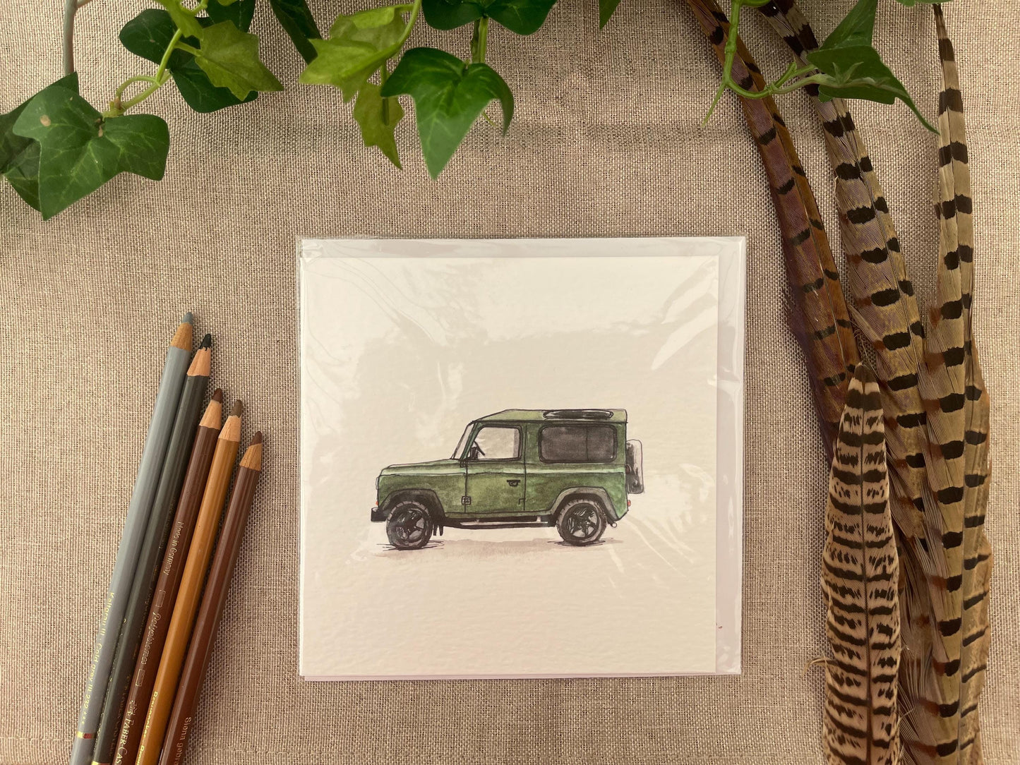 Land Rover Defender 90 Greeting Card | Hand-Drawn Coloured Pencil Art, Birthday Gift for Him