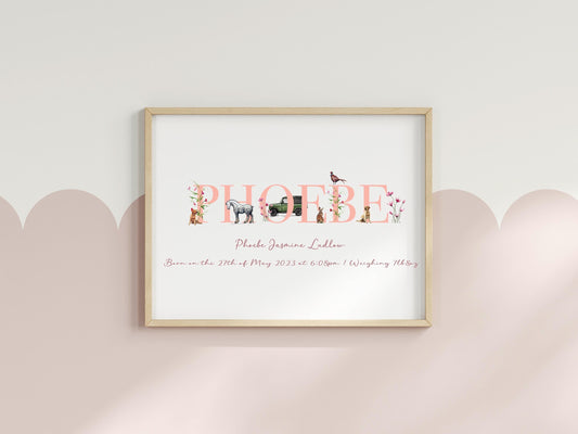 Custom Illustrated Name Print – Personalised Nursery Wall Art | Woodland Animal Letter Art | A4 & A3 Sizes | Framed or Mounted Gift Option