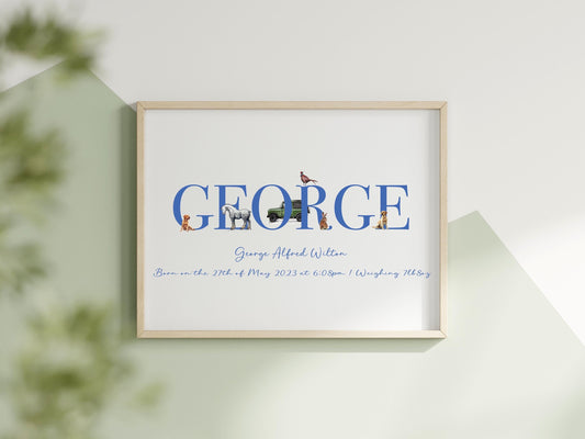 Custom Illustrated Name Print – Personalised Nursery Wall Art | Woodland Animal Letter Art | A4 & A3 Sizes | Framed or Mounted Gift Option