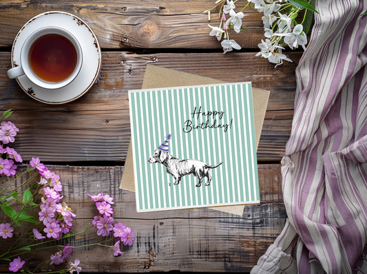 Dachshund Birthday Card - Green & White Stripes