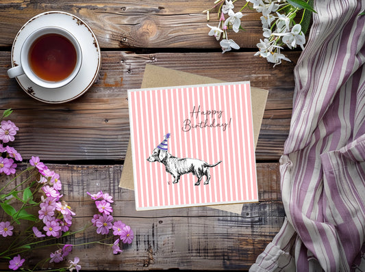 Dachshund Birthday Card - Pink & White Stripes