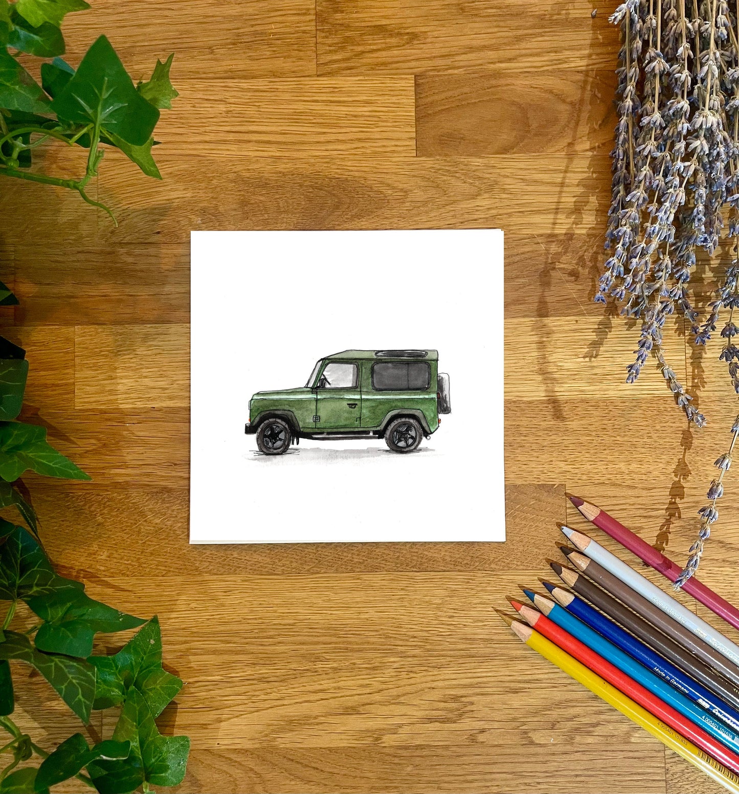 Land Rover Defender 90 Greeting Card | Hand-Drawn Coloured Pencil Art, Birthday Gift for Him