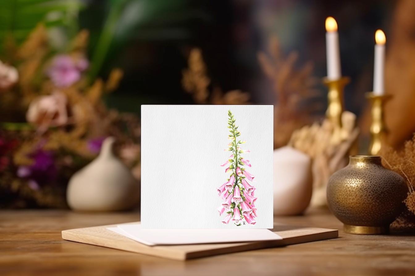 Pink Foxglove Greetings Card - Hand-Drawn Botanical Flower Note Card