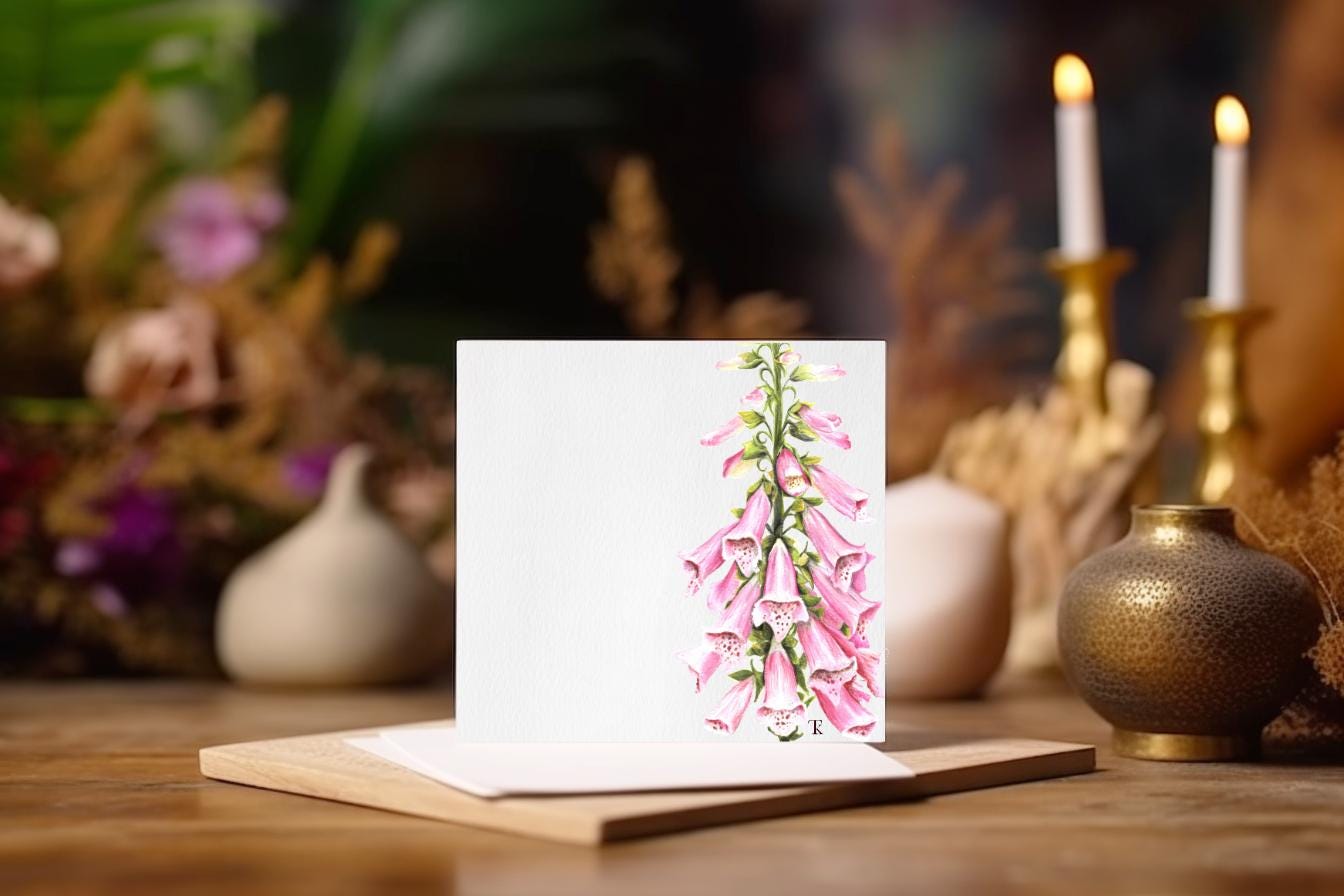 Pink Foxglove Greetings Card - Hand-Drawn Botanical Flower Note Card