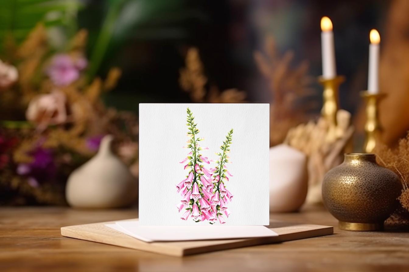 Pink Foxglove Greetings Card - Hand-Drawn Botanical Flower Note Card