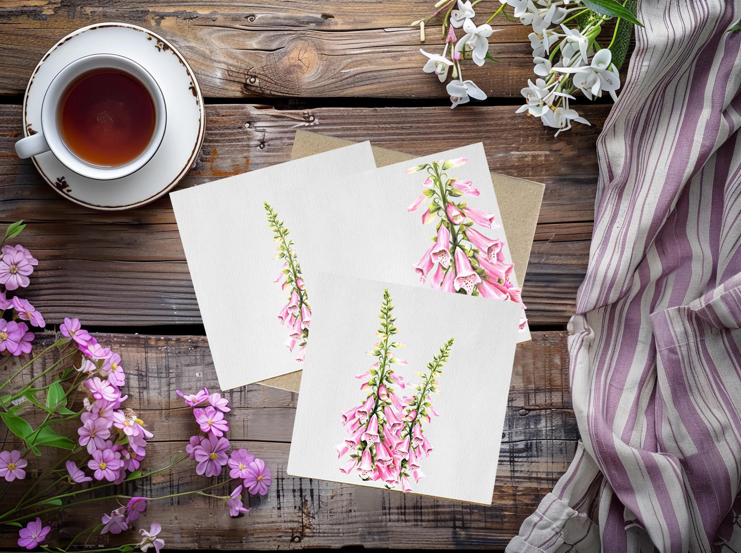 Pink Foxglove Greetings Card - Hand-Drawn Botanical Flower Note Card