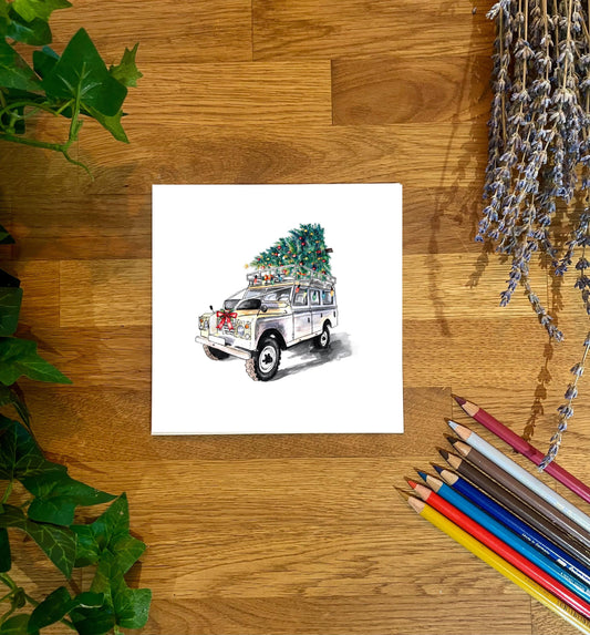 Christmas White Land Rover Defender Illustration Card: Countryside Greetings