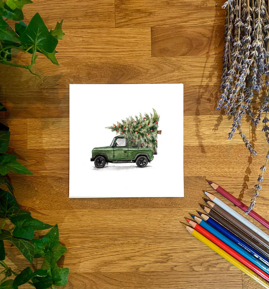 Christmas Land Rover Defender Illustration Card: Countryside Greetings