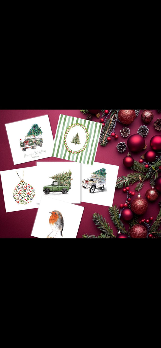 Full Festive collection 12 cards - 1 of each design, partridge, owl, pheasant, robin, guinea fowl, Landrover 90, Floral Bauble