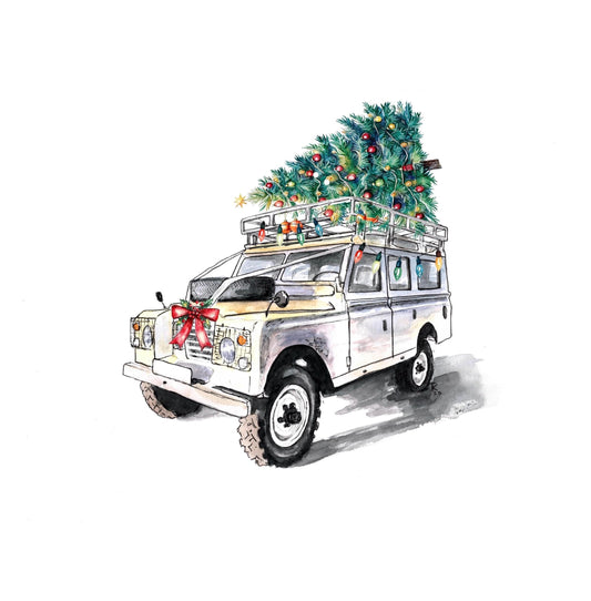 Christmas White Land Rover Defender Illustration Card: Countryside Greetings