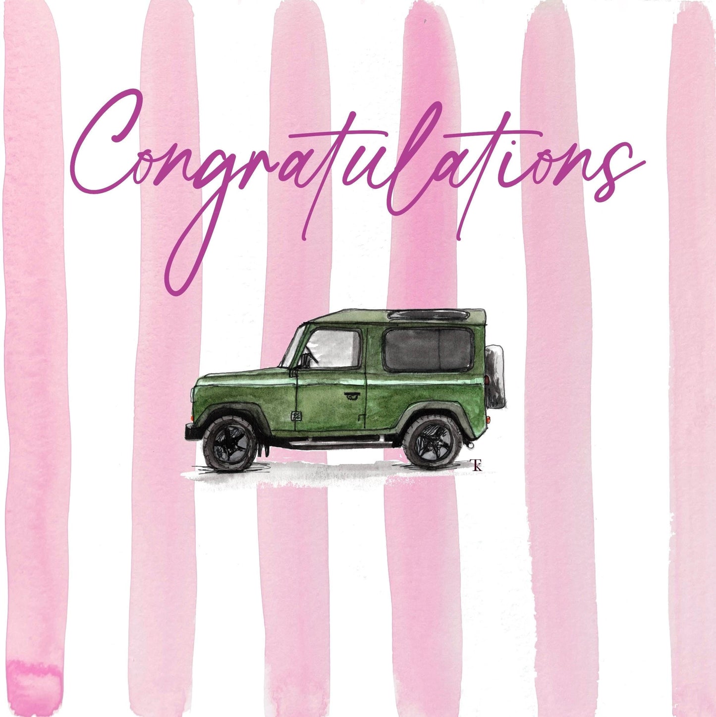 Watercolour Congratulations Card | Blue/Pink Stripes, Green Defender | Country Style Greeting