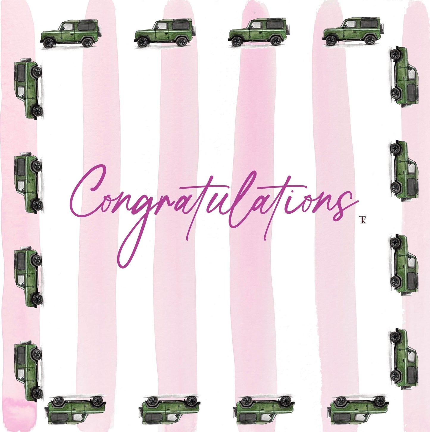 Watercolour Congratulations Card | Blue/Pink Stripes, Green Defender | Country Style Greeting