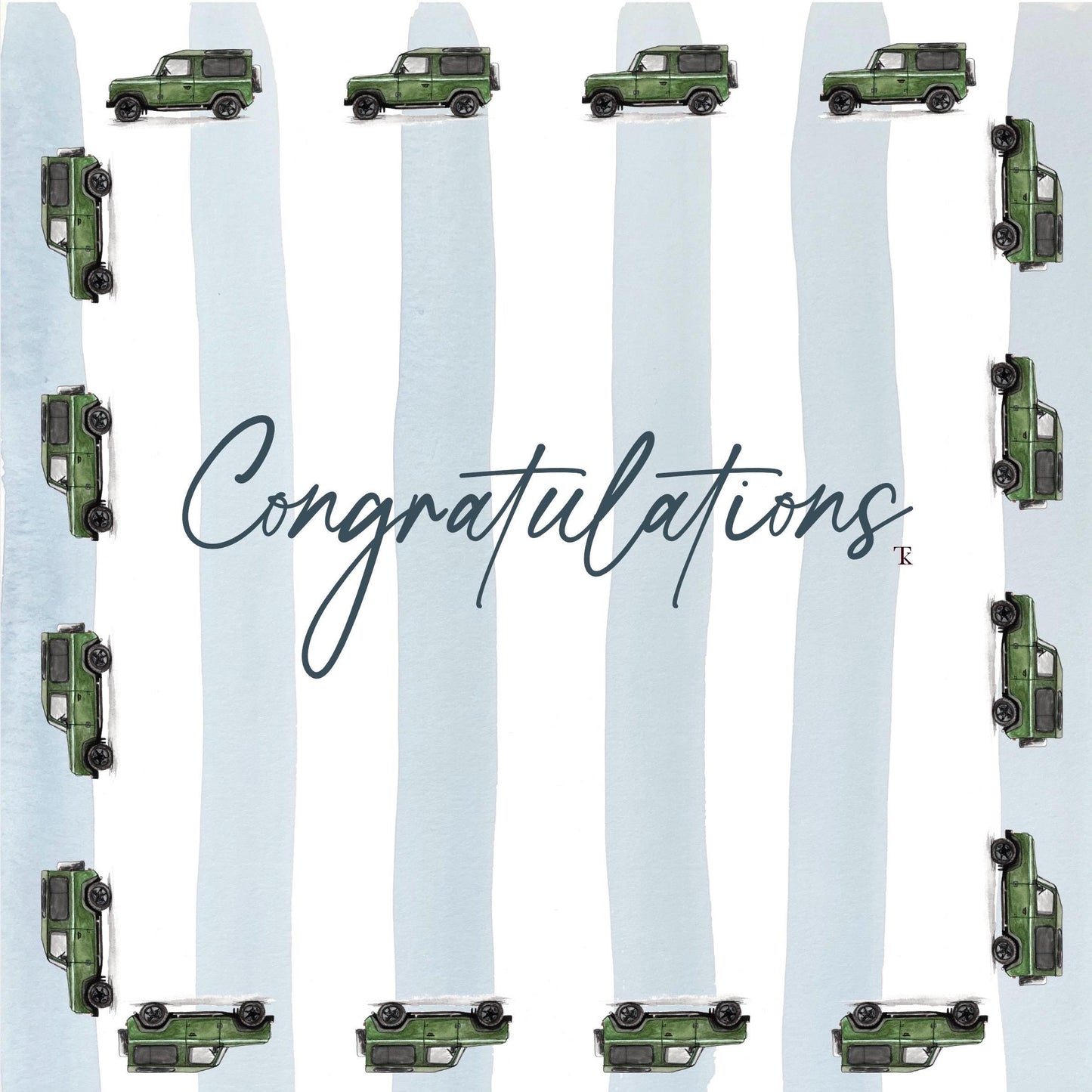 Watercolour Congratulations Card | Blue/Pink Stripes, Green Defender | Country Style Greeting