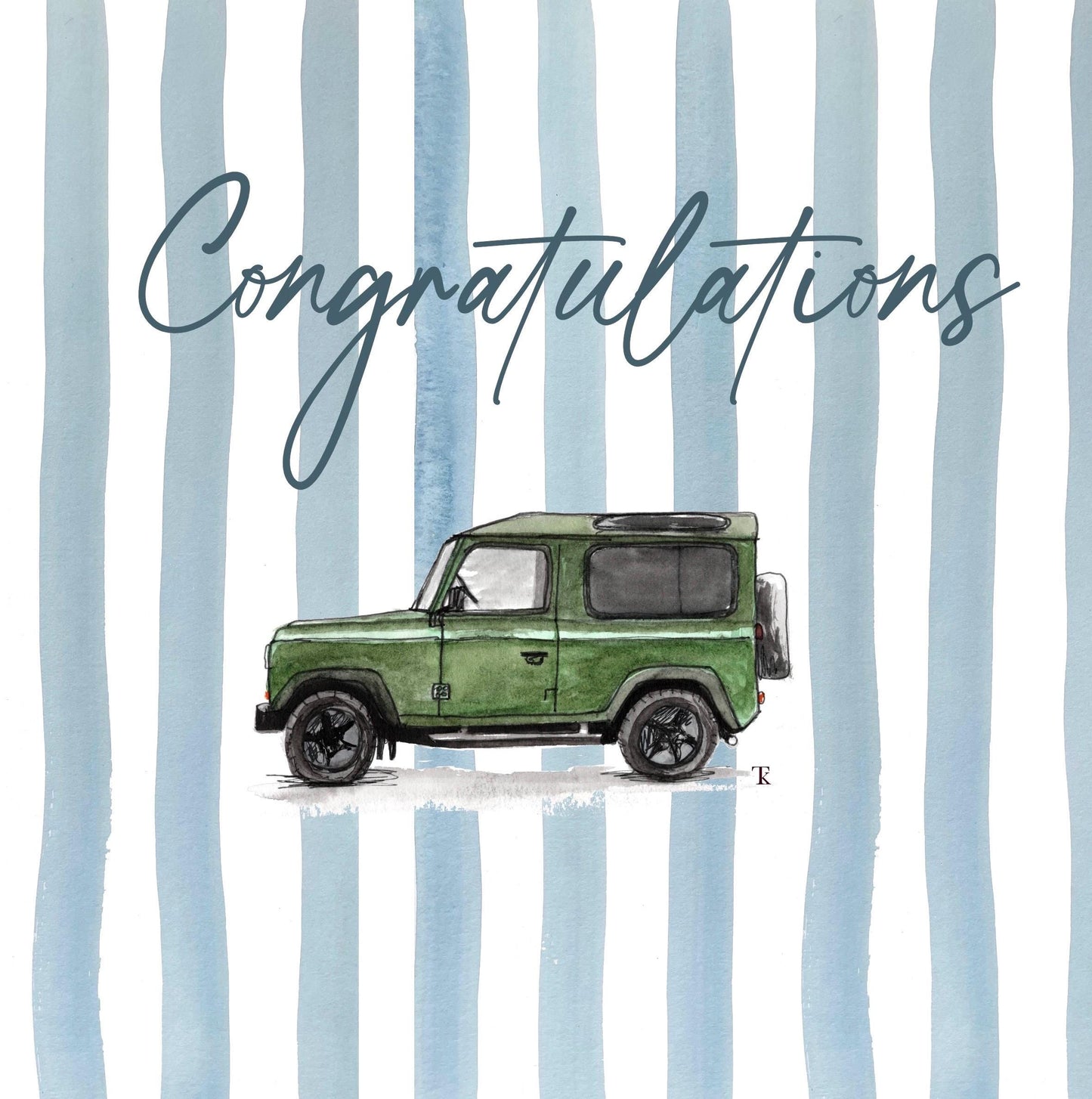 Watercolour Congratulations Card | Blue/Pink Stripes, Green Defender | Country Style Greeting
