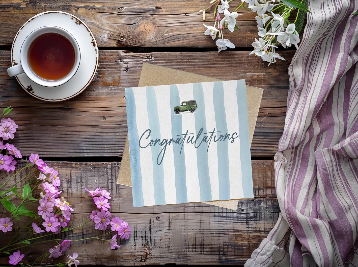 Watercolour Congratulations Card | Blue/Pink Stripes, Green Defender | Country Style Greeting