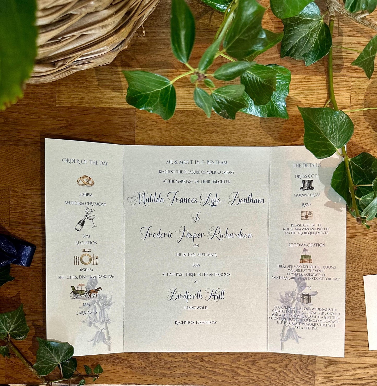 SAMPLE INVITATION Hand Painted Blue Bluebell Gatefold Wedding Invitation Suite | Luxury Floral Stationery